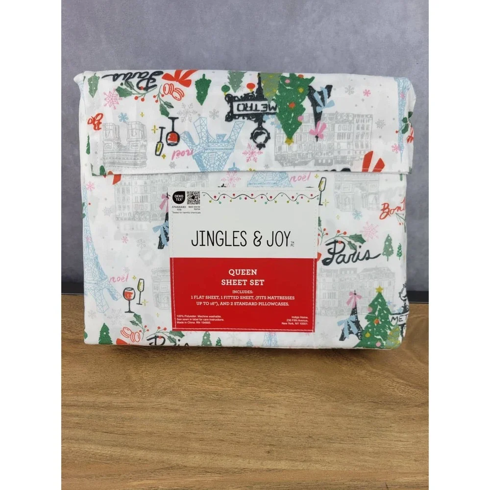 Jingles &‎ Joy Queen Sheet Set Paris Christmas Trees Eiffel Tower Noel